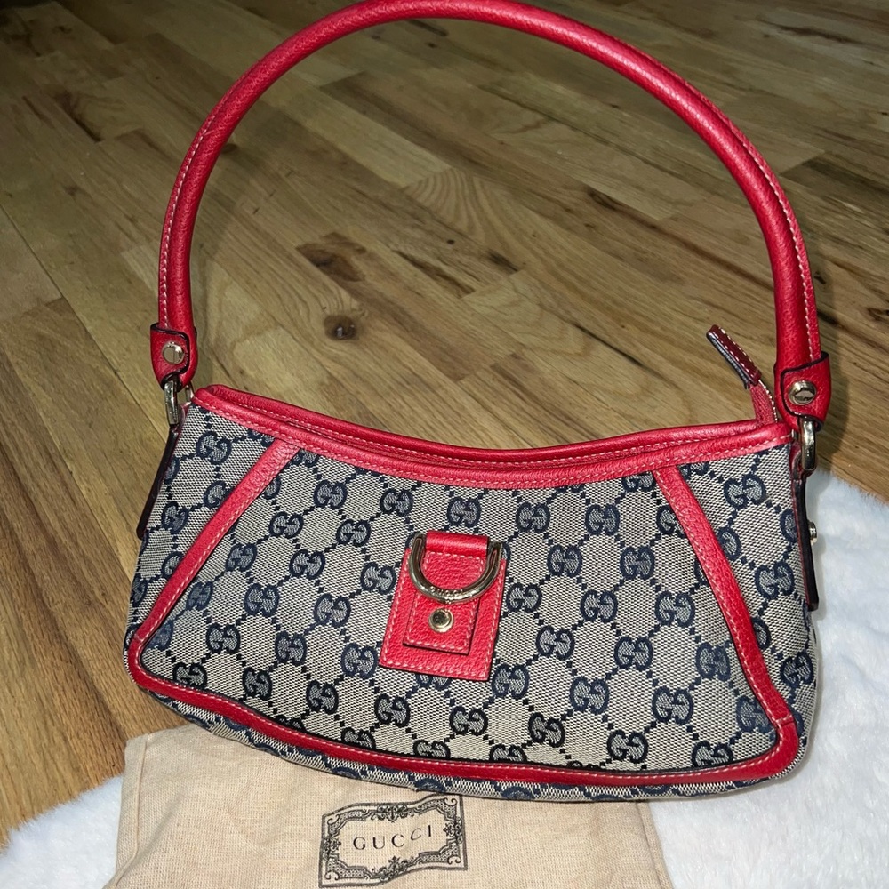 Vintage GUCCI Canvas Horsebit 1955 Shoulder Bag with Red Leather